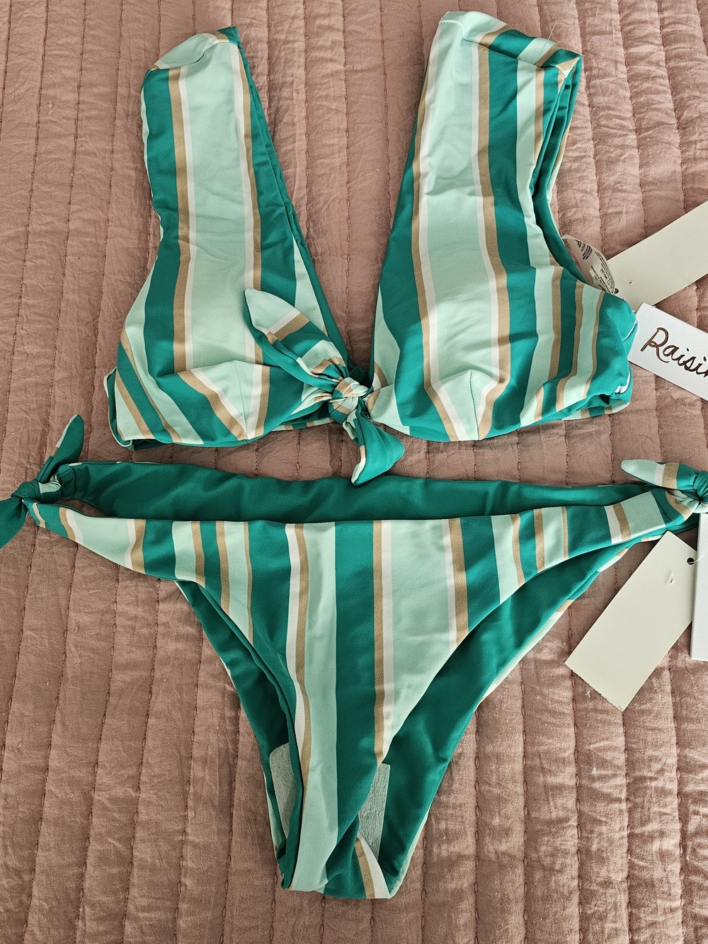 Raisins Reversable Sea Glass, Mint, White Striped Tie-Front Bikini Sz Small NWT